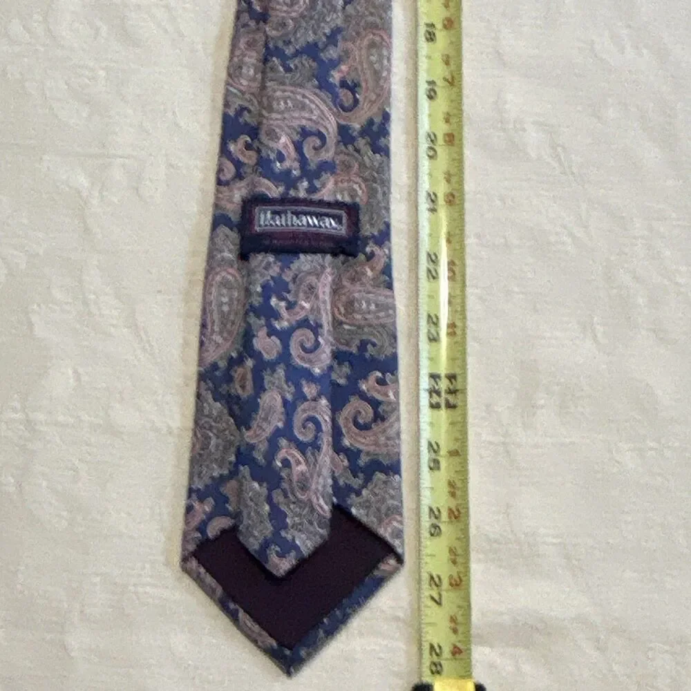 Vintage Hathaway Men's Silk Paisley Tie Navy Blue Red Grey Classic Made In USA